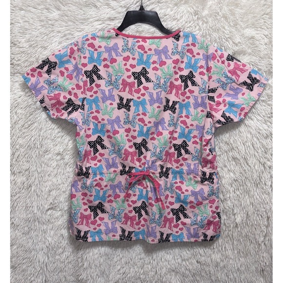 Dickies Scrub Top Women's Large Pink Bows Cotton Short Sleeve Nurse Medical - Picture 2 of 11